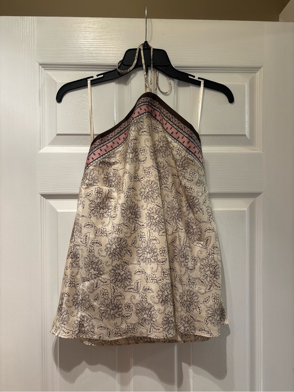 Loft Cream Floral Halter Satin Top with Pink Trim